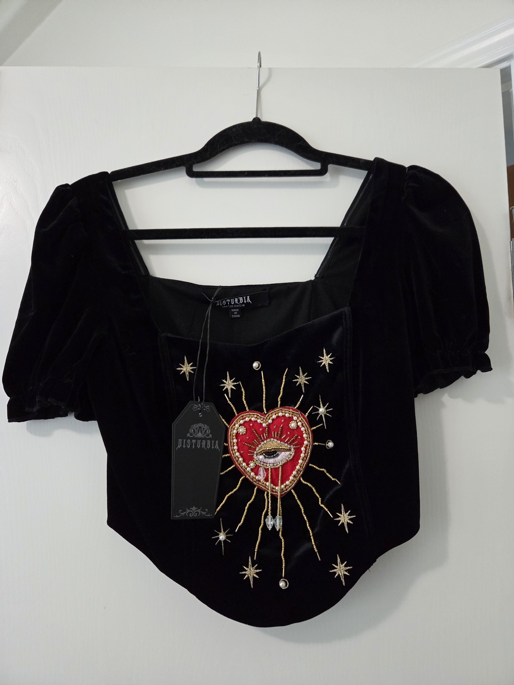NWT Disturbia Black, Lined, Velvet Crop Top, Embroidered & Beaded
